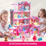 TASTIEN Doll House, 4-Story Dollhouse with Glow in The Dark, Girl Toys Doll House Playset with 2 Dolls, 12 Play Areas, Furniture & Accessories, Princess Gift Toys for Girls Ages 3 4 5 6 7 8 9+, Pink