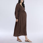 Motherhood Maternity Women’s Long Sleeve Button Front Midi Pregnancy Dress, Brown Animal, Large