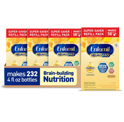 Enfamil NeuroPro infant formula packaging with multiple boxes on a white background