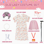FAYBOX 9 pcs Old Lady Costume for Kids,100 Days of School Costume Old Lady Wig for Girls, Granny Grandma Dress Up