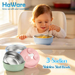 HaWare Baby Bowls with Suction, Stainless Steel Toddler Bowl with Removable Silicone Sleeve, Non-Slip Child Food Bowl with Silicone Suction, Unbreakable Kids Bowls for Feeding, Blue+Green+Grey, 3 Pack