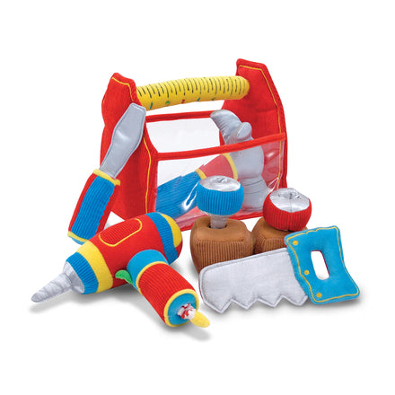 Colorful toy tool set with a red toolbox on a white background