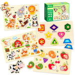 Wooden Puzzles for Toddlers, 4 Pack Montessori Toys Preschool Learning Puzzles for Baby, Farm, Shapes, Animals, Fruits Wooden Peg Puzzles for Boys and Girls (4 Pack)