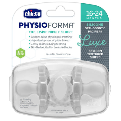Chicco PhysioForma Luxe Orthodontic Pacifier for Babies 16-24 Months, One-Piece 100% Soft Silicone, Supports Breathing, Textured Shield & Handle, Included Sterilizing Case, BPA Free, 2-Pack, Crystal