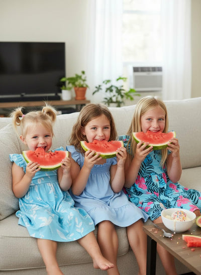 PATPAT Girls Summer Dress Set – Blue Tropical Leaf, Stripe Dress & Pink Ruffle Sundress, Soft Cotton for Daycare, Park & Travel, 4–5 Years
