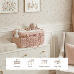 Konssy Braided Quilted Diaper Caddy Organizer, Boho Nursery Storage Basket with PU Leather Handles, Water-Repellent Portable Diaper Basket for Changing Table, Newborn Essentials (Taupe)