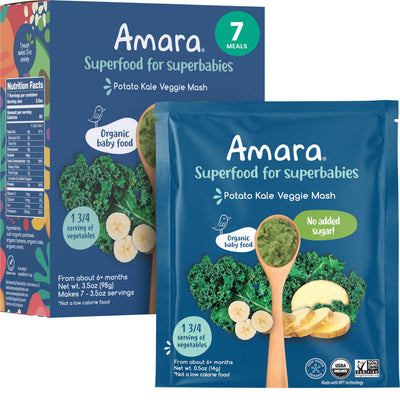Amara organic baby food package with potato kale veggie mash on a white background