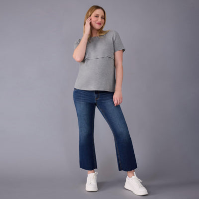 Motherhood Maternity Women's Short Sleeve Crew Neck Nursing Tee Shirt for Breastfeeding with Easy Access, Heather Grey, Small