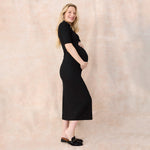 Motherhood Maternity Women's Elbow Sleeve Ribbed Mock Neck Maxi Pregnancy Dress, Black, Medium