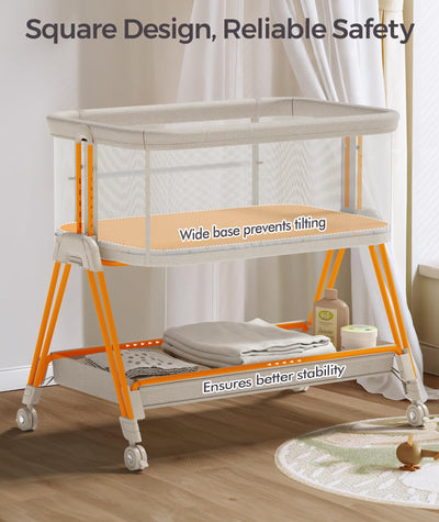 Fodoss Baby Bassinets Bedside Sleeper - Bed Side Bassinet Newborn with Wheels, Storage Tray, 4-Sided Mesh, 7 Height Adjustable, Beige