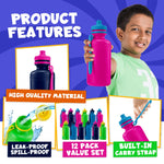 Bedwina Bulk Water Bottles For Kids - (Pack of 12) 18 Oz - 7.5 Inch BPA-Free Plastic with Pop-up Tops & Handles for Sports, Summer, Reusable Water Bottles Bulk For School