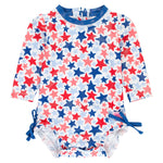 RuffleButts Baby Girls UPF 50+ Sun Protection Floral Printed Long Sleeve One Piece Rash Guard Swimsuit with Zipper