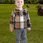 Kucnuzki Toddler Clothes 2T Long Sleeve Pullover Hoodies Little Boy Collared Plaid Flannel Shirt Boys Hooded Jacket Top + Long Pants 2-3 Year Old