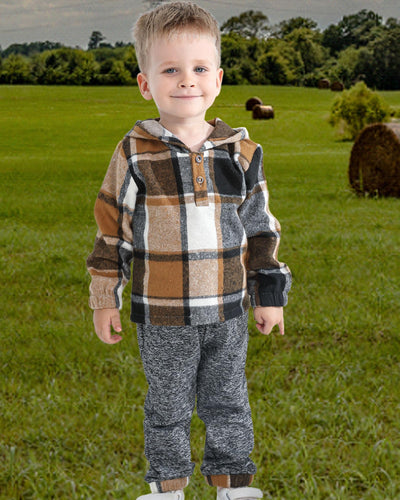 Kucnuzki Toddler Clothes 2T Long Sleeve Pullover Hoodies Little Boy Collared Plaid Flannel Shirt Boys Hooded Jacket Top + Long Pants 2-3 Year Old
