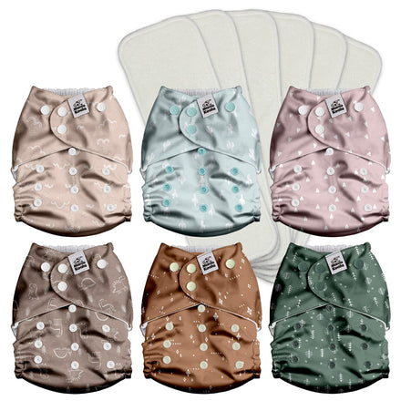 Set of patterned cloth diapers on a white background