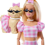 Barbie Twinning Looks Doll with Pet Dog in Matching Pink Gingham Clothes and Accessories for Both Like Sunglasses, Necklaces and Bows, Blonde