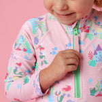 RuffleButts Girls UPF50+ Sun Protection Front Zipper Long Sleeve Rash Guard One Piece Swimsuit - Neon Pink Colorful Hearts, 2T