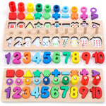 Colorful wooden educational toy with numbers, shapes, and letters on a white background