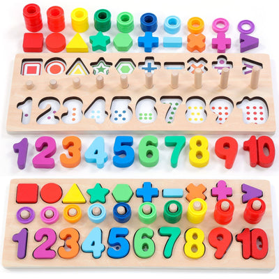 Colorful wooden educational toy with numbers, shapes, and letters on a white background