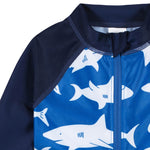 Gerber Baby Boys Toddler Long Sleeve One Piece Sun Protection Rashguard Swimsuit, Blue and White Sharks, 2T