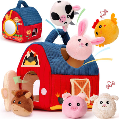 Toy barn set with plush farm animals on a white background