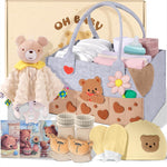 Coralogo Baby Shower Gift Basket for Girl & Boy - Baby Gift Set for Newborn, Unique Gifts for Newborn, Felt Tote Bag with Security Blanket Soft Hat Bib Socks Anti-Scratch Mittens, Bear Themed