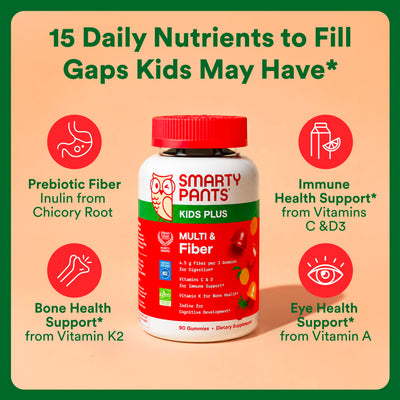 SmartyPants Kids Multivitamin & Fiber Gummies: Prebiotic Fiber to Support Kids Digestion with Vitamin D3, C, Vitamin B12, B6, A, Zinc, Biotin, Folate, Three Fruit Flavors, 90 Count (30 Day Supply)