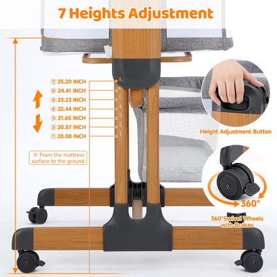 Ezebaby 3-in-1 Baby Bassinet, Rocking Baby Bassinets Bedside Sleeper, Adjustable Portable Crib for Newborn Infant with Wheels Storage Basket and Mesh Sides