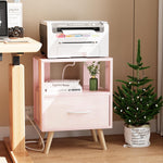 Aenuert Night Stand with Charging Station, Pink Kids Nightstand with Drawer, 2-Tier Nursery Bedside Table with USB Ports and Outlets, End Table for Small Space, Living Room, Bedroom