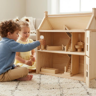 PlanToys® Bathroom Classic Set for Montessori Inspired Home and Small World Play | Practical Life, Social Skills and Imaginative Scene Building | Eco Friendly Wooden Dollhouse Bathroom Furniture