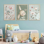 3Pcs Nursery Bunny Wall Art Cute Rabbit Botanical Flowers Wall Decor Green Nursery Pictures Posters Girl Bedroom Canvas Prints for Girls Room Baby Room Paintings Unframed