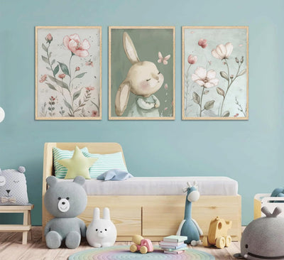 3Pcs Nursery Bunny Wall Art Cute Rabbit Botanical Flowers Wall Decor Green Nursery Pictures Posters Girl Bedroom Canvas Prints for Girls Room Baby Room Paintings Unframed
