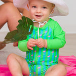 RUGGEDBUTTS Baby/Toddler Boy Swimsuit, One Piece Zipper Rash Guard Sunsuit with UPF 50+ Sun Protection - Neon Flamingo Stripe, 3-6m