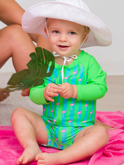 RUGGEDBUTTS Baby/Toddler Boy Swimsuit, One Piece Zipper Rash Guard Sunsuit with UPF 50+ Sun Protection - Neon Flamingo Stripe, 3-6m