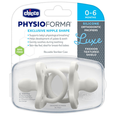 Chicco PhysioForma Luxe Orthodontic Pacifier for Babies 0-6 Months, One-Piece 100% Soft Silicone, Supports Breathing, Textured Shield & Handle, Included Sterilizing Case, BPA Free, 2-Pack, Pearl Grey