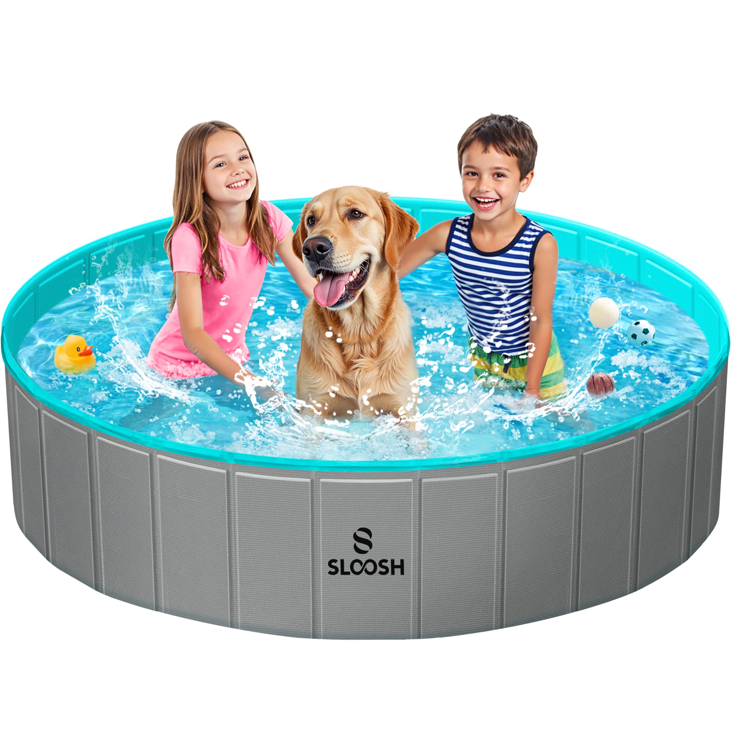 Sloosh Foldable Dog Kiddie Pool - Portable Hard Plastic Doggie Swimming Pool, Anti-Slip Collapsible Pets Bath Tub Suitable for Kids Indoor Outdoor Backyard Use (71" x 12", Blue)