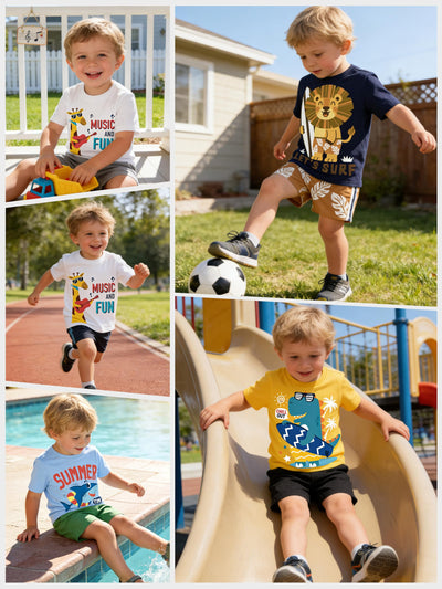 QWE Toddler Boys Short Sleeve Shirts 4-Pack Cotton Summer T-Shirts Cartoon Graphic Tops Tees 18 Months to 8Y