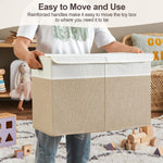 Roobyl Large Toy Storage Box with Lid, Collapsible Toys Storage Organizer Bins with Dividers and Handles, Storage Chest Bin for Kids, Boys, Girls, Nursery 25"x13" x16" (Beige & White)