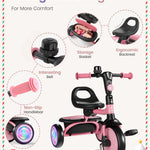 besrey Kids Tricycle with Flash Wheels for Ages 18 Months to 5 Years, Toddler Tricycle with Bell, Kids Tricycle, Gift for 2-5 Year Olds, Gift and Toy for Boys and Girls, Tricycle for Toddlers, Pink