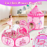 3 in 1 Girls Princess Play Tent for Kids: Pop Up Toddlers Playhouse with Baby Crawl Tunnel, Ball Pit and Castle Tent - Pink Children Play Tent Toys Indoor and Outdoor Game for Birthday Gift