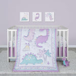 Sammy & Lou Tiny Dinos 4-Piece Baby Nursery Crib Bedding Set for Girls, Includes Quilt, Fitted Crib Sheet, Crib Skirt, and Plush Toy