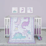 Sammy & Lou Tiny Dinos 4-Piece Baby Nursery Crib Bedding Set for Girls, Includes Quilt, Fitted Crib Sheet, Crib Skirt, and Plush Toy