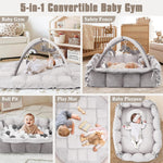 5-in-1 Plush Baby Play Gym & Activity Mat, Baby Play Mats, Baby Gym with Convertible Design, Tummy Time Mat with Pillow, 6 Sensory Toys for Newborn to Toddler, Grey
