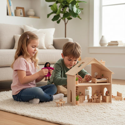 PlanToys® Wooden Girl Dollhouse Figurine – Medium Skin Tone | Poseable Doll with Bendable Rope Arms & Legs | Montessori Pretend Play Doll House People for Kids (1:12 Scale)