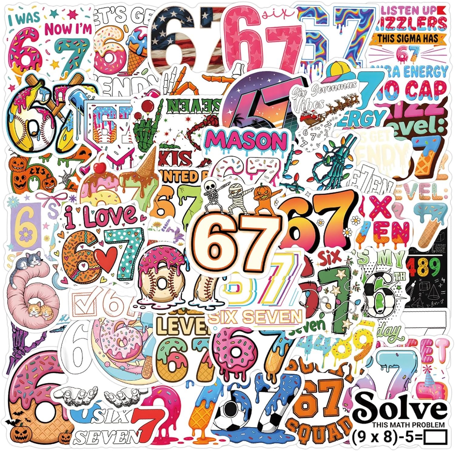 Six Seven Stickers 50Pcs, Funny 6 7 Stickers Waterproof Vinyl Gifts for Phone, Water Bottle, Luggage, Laptop, Adults Teens
