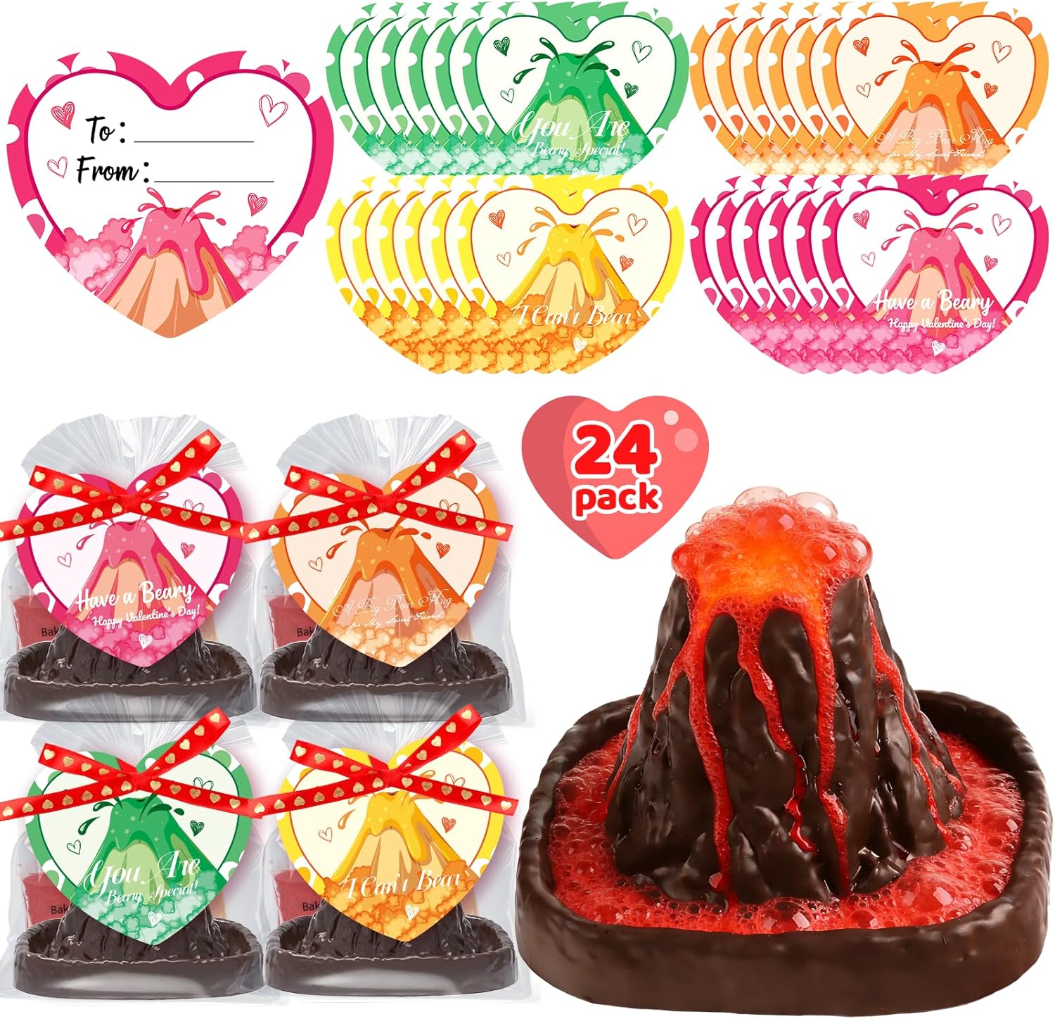 Valentines Day Large Volcano Science Kit - 24 Pack Valentines Day Gift Cards for Kids, Volcano Erupting Experiment Toys STEM Educational Toys for Classroom Exchange School Activities Party Favors