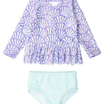 RuffleButts Baby/Toddler Girls Scalloped Long Sleeve Rash Guard 2-Piece UPF50+ Sun Protected Swimsuit - Magical Mermaid, 4T