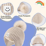 3 Pack Baby Winter Hats with Earflaps, 2 Size Kids Pom Pom Beanie for Infant Toddler Children, Smiley Face Hat for Girls Boys
