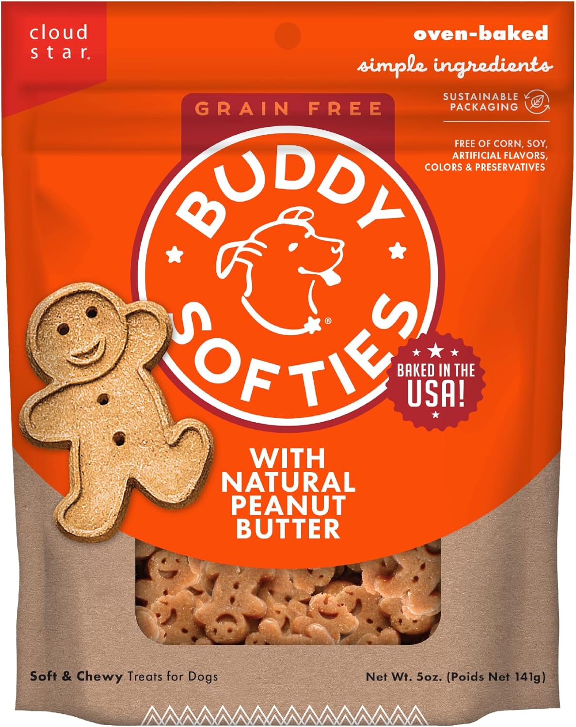 Buddy Biscuit Softies 5 oz Pouch, Grain-Free Soft & Chewy, Natural Peanut Butter Flavor Dog Treats, Oven Baked in the USA