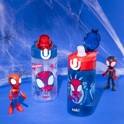 Zak Designs Marvel Spider-Man Sage Kids Water Bottle For School or Travel, 16oz Durable Plastic Water Bottle With Straw, Handle, and Leak-Proof Spout Cover, 2-Pack (Spidey and His Amazing Friends)